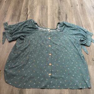 Women's LC Lauren Conrad Blue Floral Button-Down Square Neck Top Size 4XL